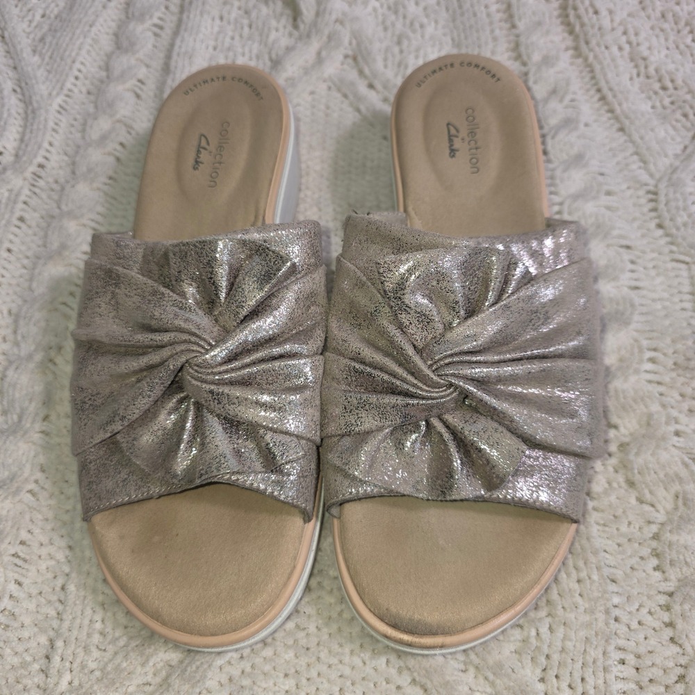 Clarks Slide Sandals Metallic Pewter Twist Knot Womens 8.5 Excellent‎